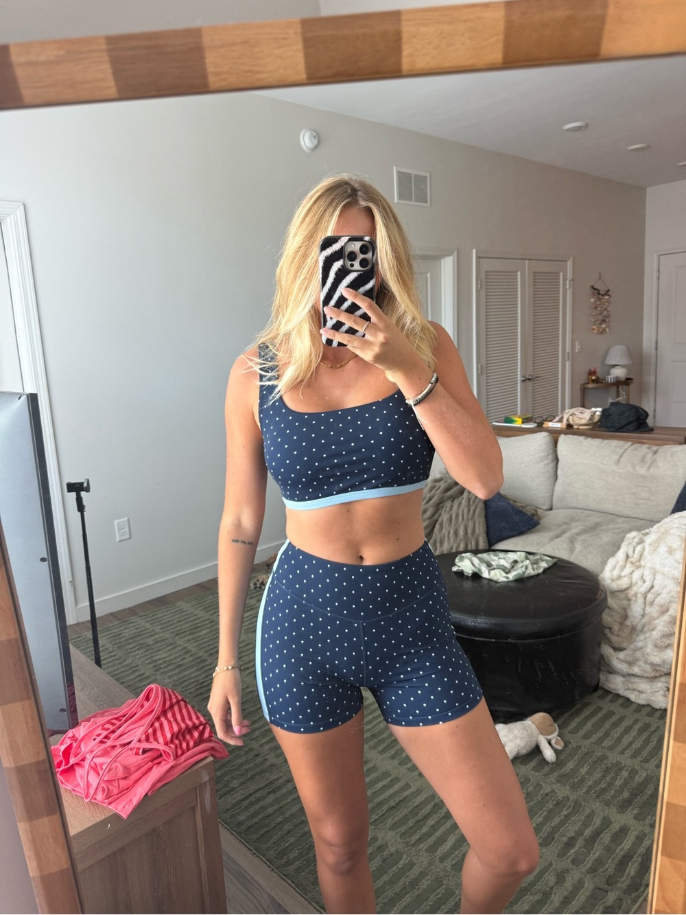 Women’s Navy Polka Dot Sports Bra & High-Waist Shorts Set